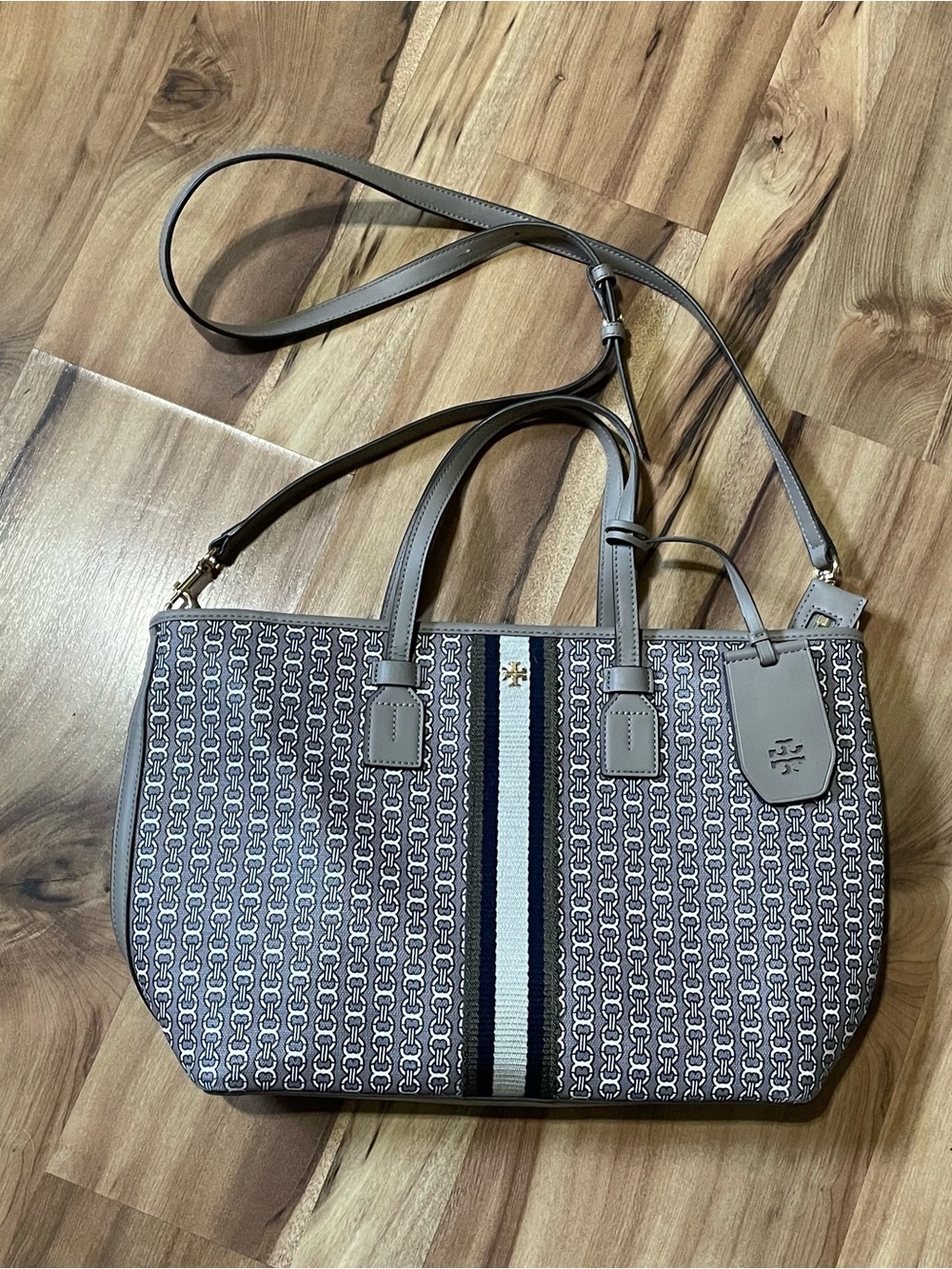 Tory Burch Small Gemini Link Tote Gray Heron Crossbody Handbag